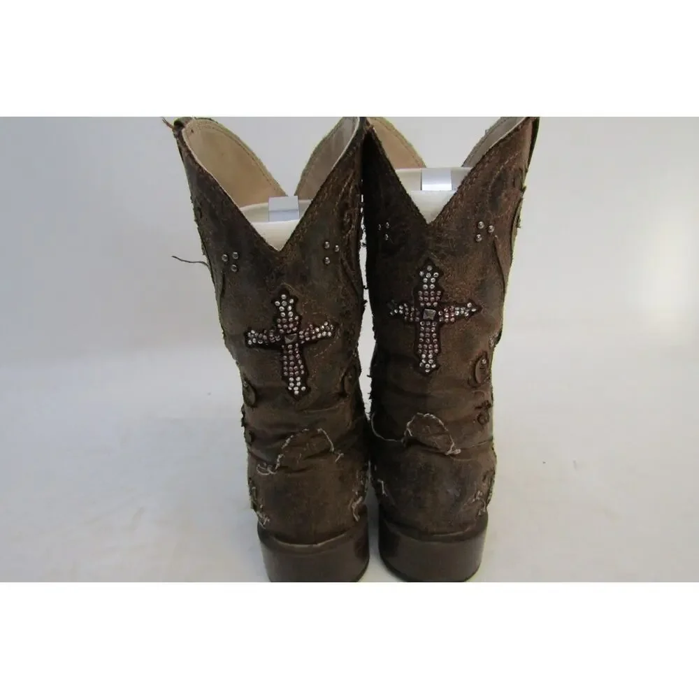 Roper Brand Youth Size 11 M Brown Inlay Cross Studded Cowboy Boots